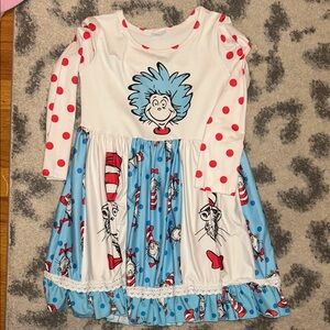 Dr. Seuss Girls Dress - White, Light Blue & Red Polka Dot